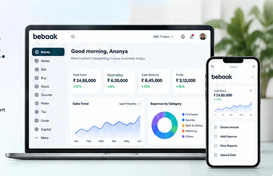 Bebaak dashboard on a laptop and phone showing sales, receivables, cash balance and expenses (sample data)